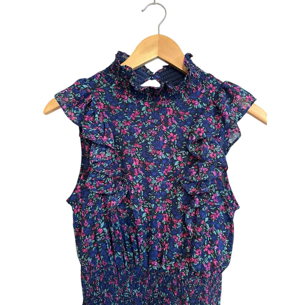 Lulus Evalina Navy Blue Floral Print Mock Neck Sleeveless Ruffle Midi Dress XS - Picture 9 of 16